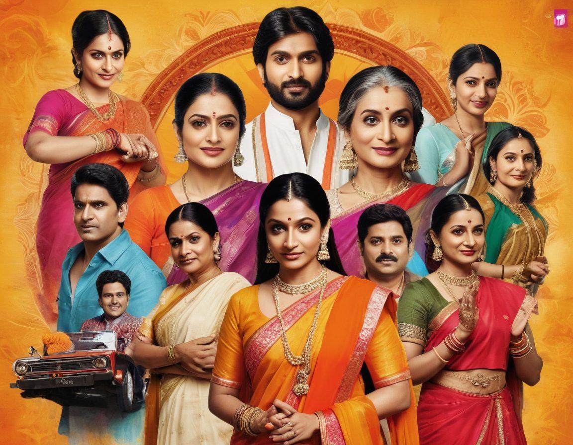 A vibrant collage showcasing iconic scenes from popular Hindi TV shows, with actors in traditional Indian attire, dramatic expressions, and lively colors. Include the ApnaTV logo subtly in the background. The setting should evoke the bustling energy of Indian culture, with elements like film reels and clapperboards. super-realistic. vibrant colors.