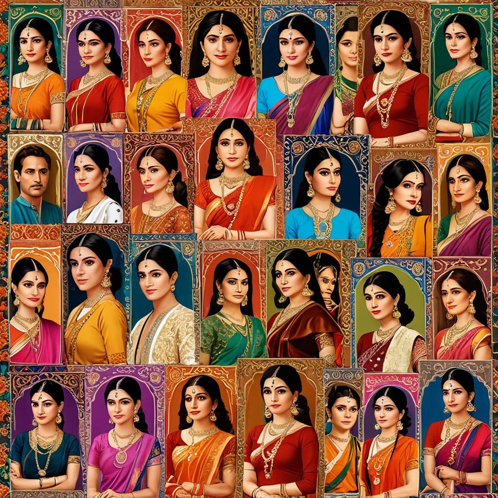 A colorful and vibrant collage of iconic characters from popular Desi TV series, arranged in elegant frames with a backdrop that features traditional Indian patterns and motifs. Each character is dressed in glamorous, traditional attire, showcasing their unique personalities. The title 'Stream Gorgeous Desi TV Series' in bold, elegant font at the top. bright and lively colors, vector art, decorative elements.