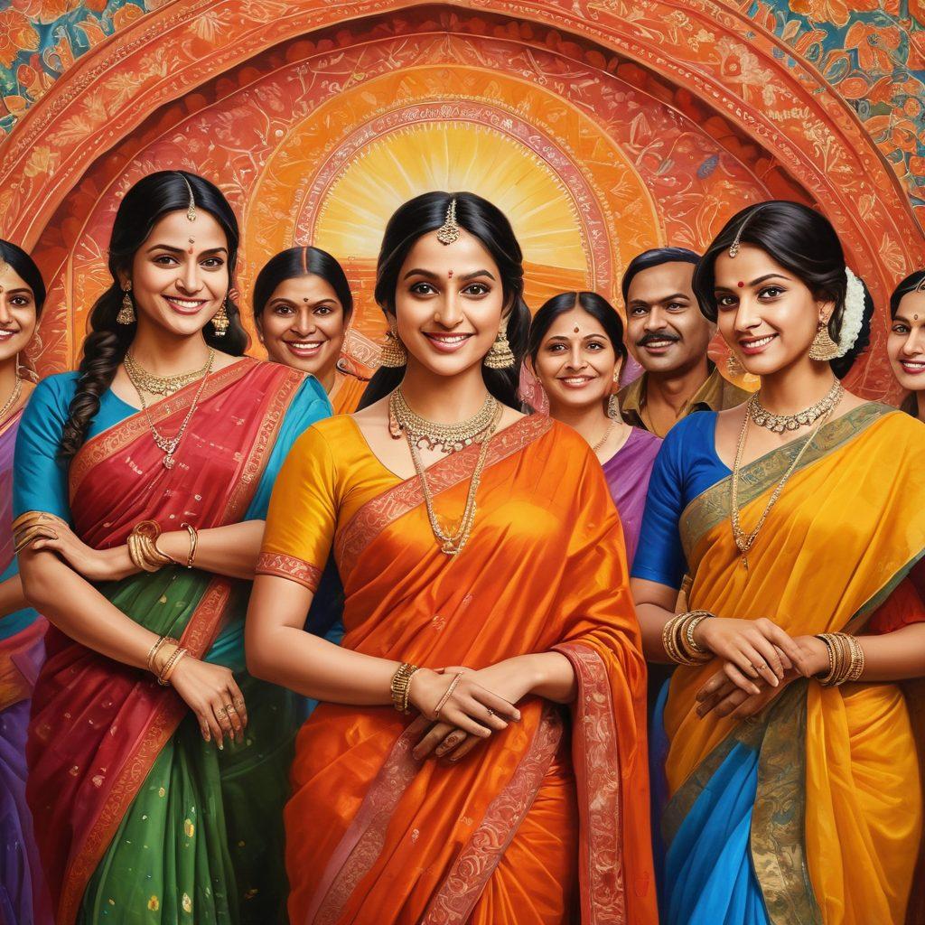 A vibrant and colorful display of popular Indian TV show characters, dressed in traditional and contemporary attire, gathered around a screen, highlighting the excitement of streaming. Include elements like intricate patterns, Indian cultural motifs, and a glowing ApnaTV logo. Ensure the background reflects the rich and diverse culture of India with hints of urban and rural settings. painting. vibrant colors.